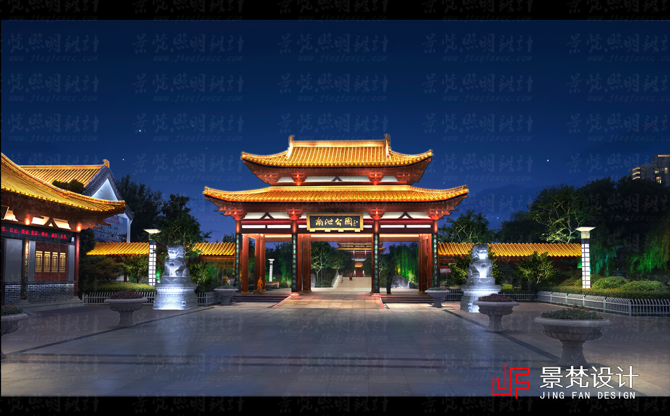 公园古建门头夜景设计案例,夜景效果图|照明设计|灯光设计|亮化设计