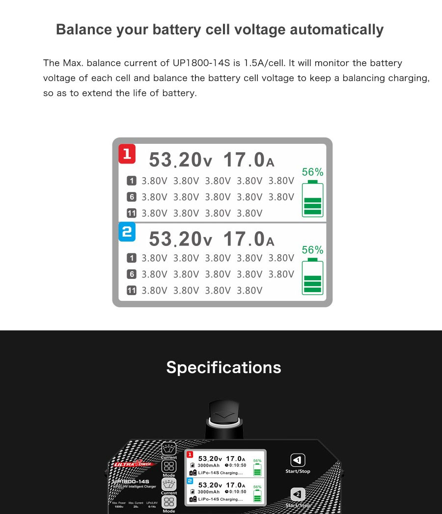 Chargeur de batterie LiPo LiHV à double canal 6-14s, UP1800-14S, pour Drone  de Protection